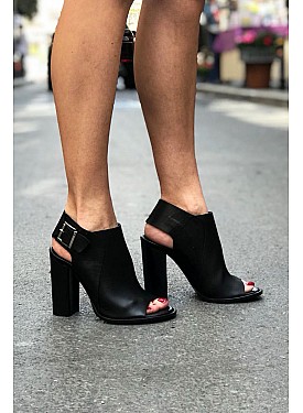 Kadın Siyah Hakiki Deri Topuklu Sandalet - SİYAH