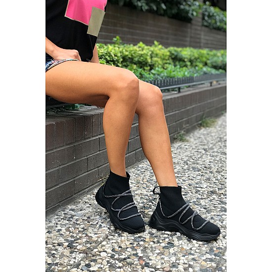 Kadın Siyah Triko Spor Çorap Bot - SİYAH