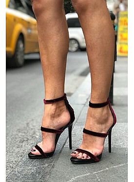 Kadın Altın Rengi Hakiki Deri Topuklu Sandalet - BORDO
