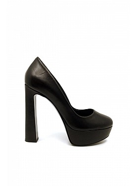 Siyah Deri Platform Tabanlı Topuklu Ayakkabı - Queen - SİYAH
