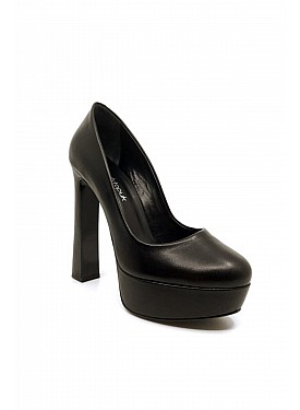 Siyah Deri Platform Tabanlı Topuklu Ayakkabı - Queen - SİYAH