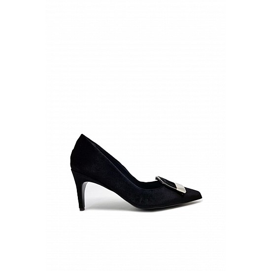Siyah Kadife Tokalı Topuklu Ayakkabı - Flora - SİYAH