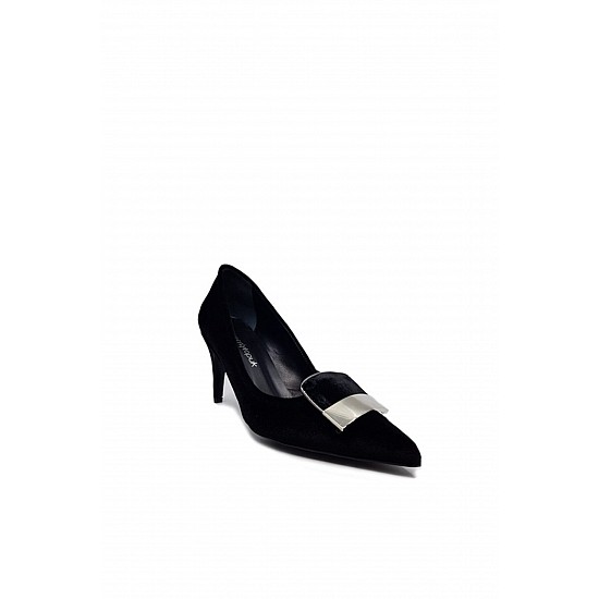 Siyah Kadife Tokalı Topuklu Ayakkabı - Flora - SİYAH