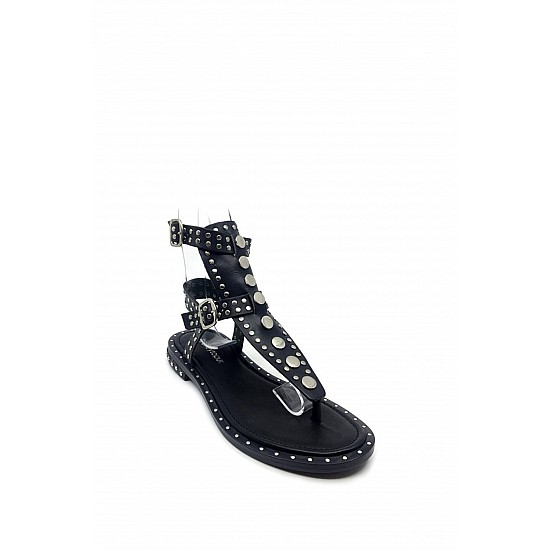 Siyah Deri Metal Taşlı Sandalet - SİYAH