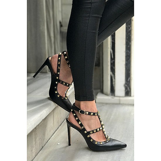 Kadın Koyu Pudra Hakiki Deri Taşlı Topuklu Ayakkabı - Siyah-D