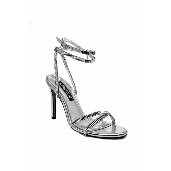 Pembe Vegan Deri Çift Bant Topuklu Ayakkabı - ALIANA - Gümüş