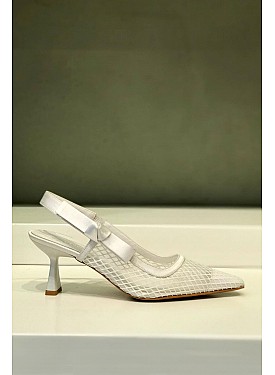 Beyaz Vegan Deri Fileli Topuklu Açık Ayakkabı - BIANKA - BEYAZ