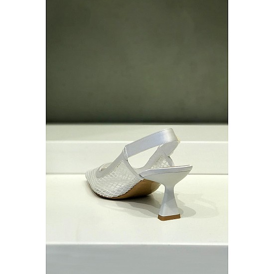 Beyaz Vegan Deri Fileli Topuklu Açık Ayakkabı - BIANKA - BEYAZ
