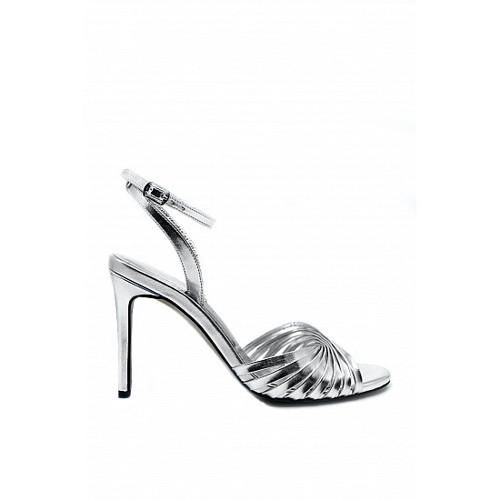 Gümüş Vegan Deri Topuklu Açık Ayakkabı - LEILA - Gümüş