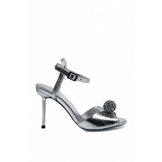 Siyah Vegan Deri Topuklu Açık Ayakkabı - CATALINA - Gümüş