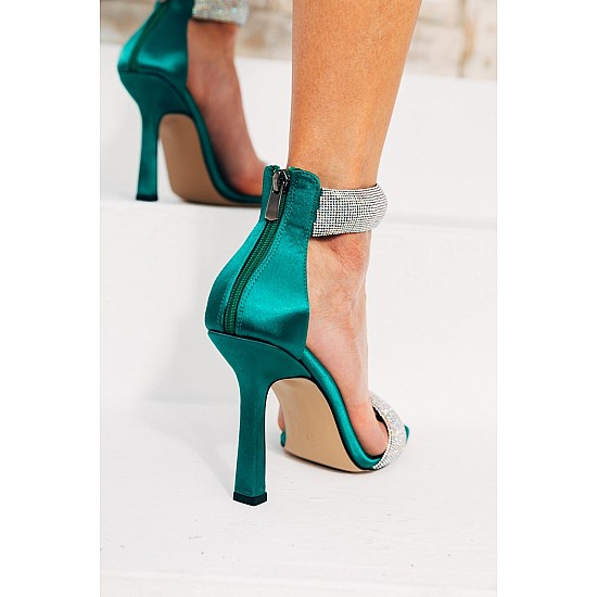 Yeşil Saten Tek Bant Topuklu Ayakkabı - Reyna - YEŞİL
