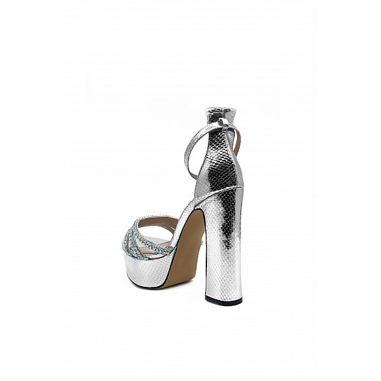 Altın Vegan Deri Platform Tabanlı Topuklu Açık Ayakkabı - ALIANNA - Gümüş