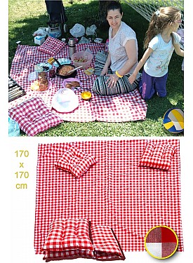 Piknik Seti Kırmızı Piknik Örtüsü Büyük Boy Örtüsü Masa Örtü 170x170 Cm 2 Minder Hediyeli (40x40cm) - KIRMIZI