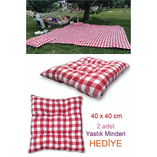 Piknik Seti Kırmızı Piknik Örtüsü Büyük Boy Örtüsü Masa Örtü 170x170 Cm 2 Minder Hediyeli (40x40cm) - KIRMIZI