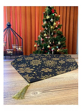 Yılbaşı Özel Püsküllü Runner, Yılbaşı Temalı Özel Dikim Keten Kumaş, Christmas Runner (45x180 Cm) - Siyah-Gold