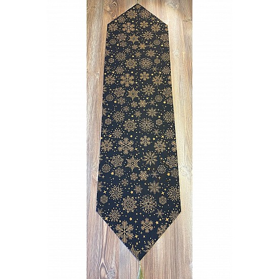 Yılbaşı Özel Püsküllü Runner, Yılbaşı Temalı Özel Dikim Keten Kumaş, Christmas Runner (45x180 Cm) - Siyah-Gold