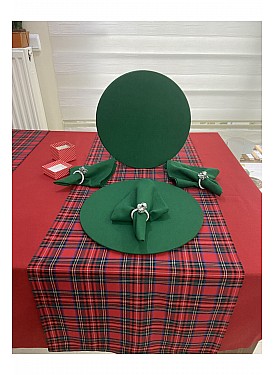 Kırmızı Masa Örtüsü ,ekose Runner , Yeşil Supla Seti , Peçete 4 Kişilik - KIRMIZI