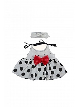 Kız Bebek Müslin Kumaş Yazlık Fiyonk Detaylı Puan Modelli Elbise Ve Bandana Set - BEYAZ