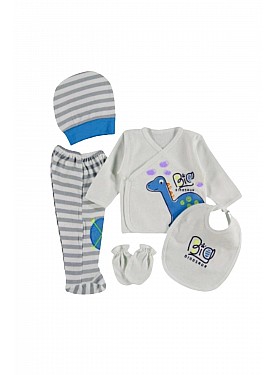 Bebek Yenidoğan Mavi Renk Dinozor Modelli 5 Parça Hastane Çıkış Seti - Beyaz , Mavi