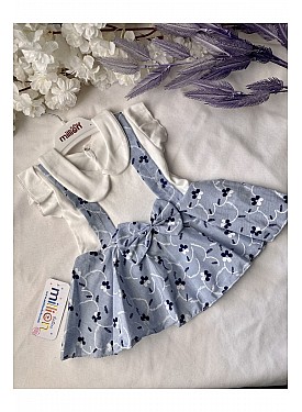 Kız Bebek Pamuklu Gömlek Yakalı Salopet Görünümlü Volanlı Elbise - Beyaz , Mavi