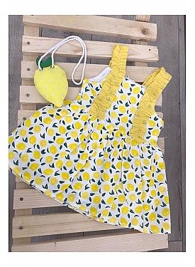 Kız Bebek Keten Fırfır Askılı Limon Model Elbise Ve Sahte Limon Modelli Çanta Takımı - SARI