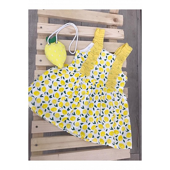 Kız Bebek Keten Fırfır Askılı Limon Model Elbise Ve Sahte Limon Modelli Çanta Takımı - SARI