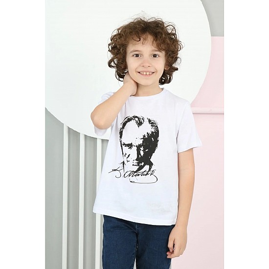 Unisex Çocuk Pamuklu Beyaz Renk Okul Müsamere Gösteri Atatürk Baskılı T-shirt - BEYAZ