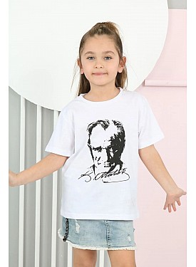 Unisex Çocuk Pamuklu Beyaz Renk Okul Müsamere Gösteri Atatürk Baskılı T-shirt - BEYAZ