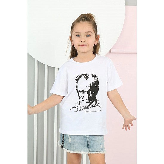 Unisex Çocuk Pamuklu Beyaz Renk Okul Müsamere Gösteri Atatürk Baskılı T-shirt - BEYAZ