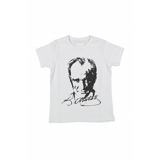 Unisex Çocuk Pamuklu Beyaz Renk Okul Müsamere Gösteri Atatürk Baskılı T-shirt - BEYAZ