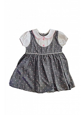 Kız Bebek Pamuklu Gri Renk Işlemeli Gömlek Yakalı Kısa Kollu Puantiyeli Elbise - Gri , Pembe