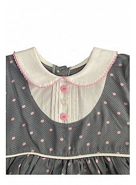 Kız Bebek Pamuklu Gri Renk Işlemeli Gömlek Yakalı Kısa Kollu Puantiyeli Elbise - Gri , Pembe