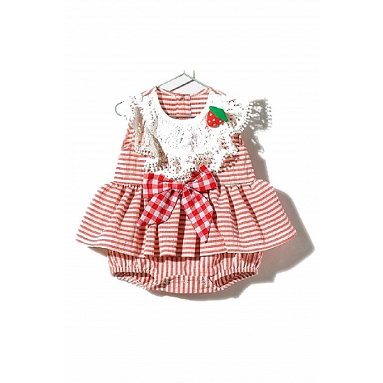 Kız Bebek Özel Gün Çilek Modelli Işleme Yakalı Fiyonk Detaylı Elbise Görünümlü Çıtçıtlı Tulum - KIRMIZI