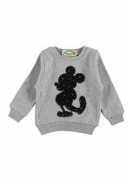 Kız Çocuk Gri Renk Selanik Kumaş Inci Ve Taş Aksesuarlı Mickey Mouse Model Mevsimlik Kışlık Sweat - GRİ