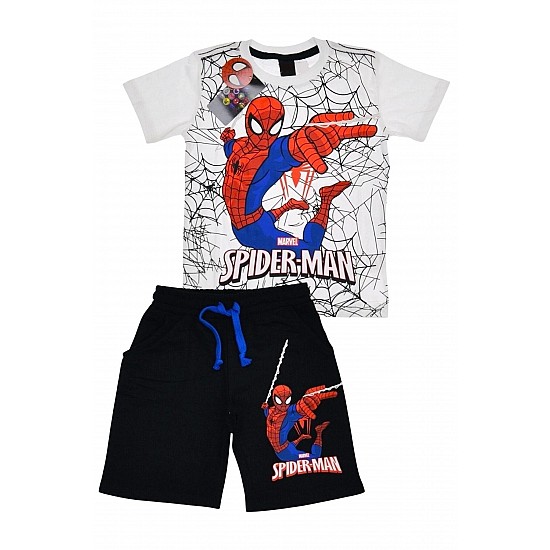Erkek Çocuk Beyaz Renk Spiderman Örümcek Adam T-shirt Ve Siyah Renk Şort Alt Üst 2 Parça Takım - BEYAZ