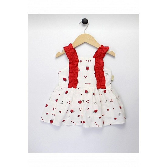 Kız Bebek Keten Fırfır Askılı Çilek Model Elbise Ve Sahte Çilek Modelli Çanta Takımı - Beyaz , Kırmızı