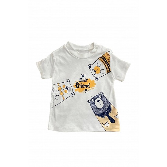 Erkek Bebek Hardal Renk Kapüşonlu Yelek Ayı Baskılı T-shirt Ve Lacivert Şort Yazlık 3 Parça Takım - HARDAL