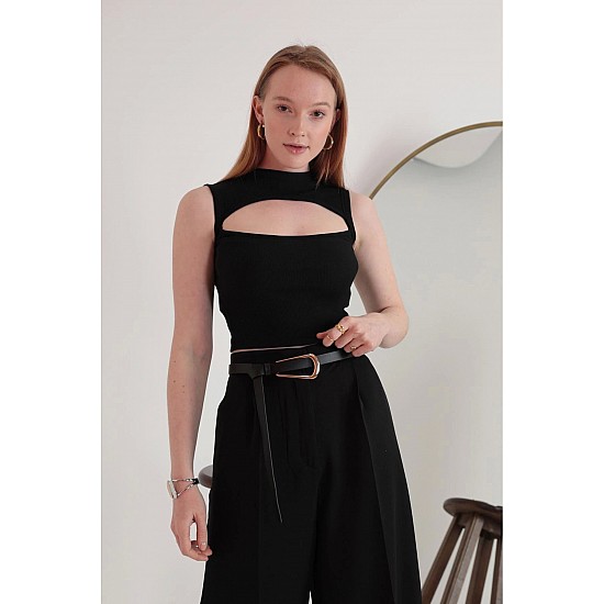 Kadın Kaşkorse Kumaş Siyah ve Saks Renk 2 Parça Bluz Seti - SİYAH