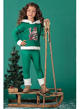 Unisex Çocuk Yılbaşı Christmas Noel Temalı Elf Model Kapüşonlu 3 İp Şardonlu 2 Parça Alt Üst Takım - YEŞİL