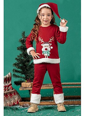 Unisex Çocuk Yılbaşı Christmas Noel Temalı Geyik Model Kapüşonlu 3 İp Şardonlu 3 Parça Alt Üst Takım - KIRMIZI