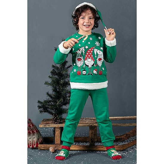 Unisex Çocuk Yılbaşı Christmas Noel Temalı 3 Cüce Kapüşonlu 3 İp Şardonlu 3 Parça Alt Üst Takım - YEŞİL