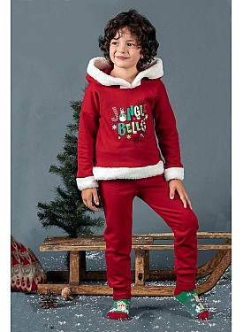 Unisex Çocuk Yılbaşı Christmas Noel Temalı Jingle Bells Model Kapüşonlu 3 İp Şardonlu 2 Parça Alt Üs - KIRMIZI