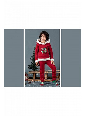 Unisex Çocuk Yılbaşı Christmas Noel Temalı Jingle Bells Model Kapüşonlu 3 İp Şardonlu 2 Parça Alt Üs - KIRMIZI