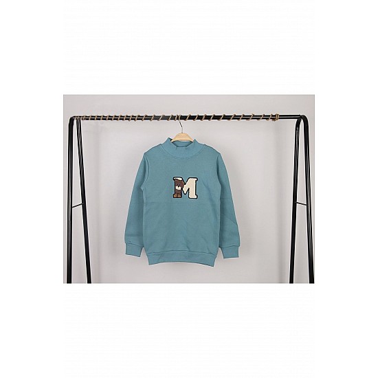 Unisex Çocuk Dik Yaka M Nakışlı Mavi Basic Sweatshirt - MAVİ