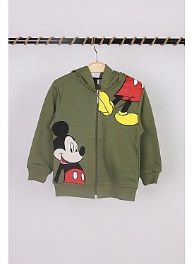 Unisex Çocuk Mickey Mouse Baskılı Haki Renk Mevsimlik Kapüşonlu Hırka - HAKİ