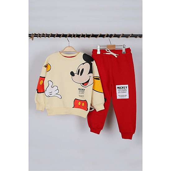 Unisex Çocuk Mickey Mouse Baskılı 3 İplik Şardonsuz Kışlık Sweat ve Eşofman Alt Üst Takım - BEJ