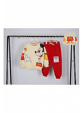 Unisex Çocuk Mickey Mouse Baskılı 3 İplik Şardonsuz Kışlık Sweat ve Eşofman Alt Üst Takım - BEJ