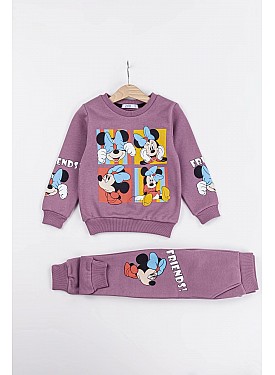 Kız Çocuk Minnie Mouse Baskılı 3 İplik Şardonlu Kışlık Sweat ve Eşofman Alt Üst Takım - LİLA