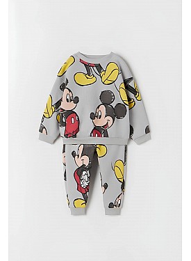 Unisex Çocuk Mickey Mouse Baskılı 3 Iplik Şardonsuz Sweat Ve Eşofman Alt Üst Takım Dar Kalıp - GRİ