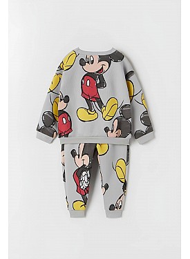 Unisex Çocuk Mickey Mouse Baskılı 3 Iplik Şardonsuz Sweat Ve Eşofman Alt Üst Takım Dar Kalıp - GRİ